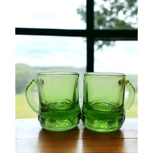 Vintage Green Federal Glass Company Mini Mug Shot Glasses Set of Two
